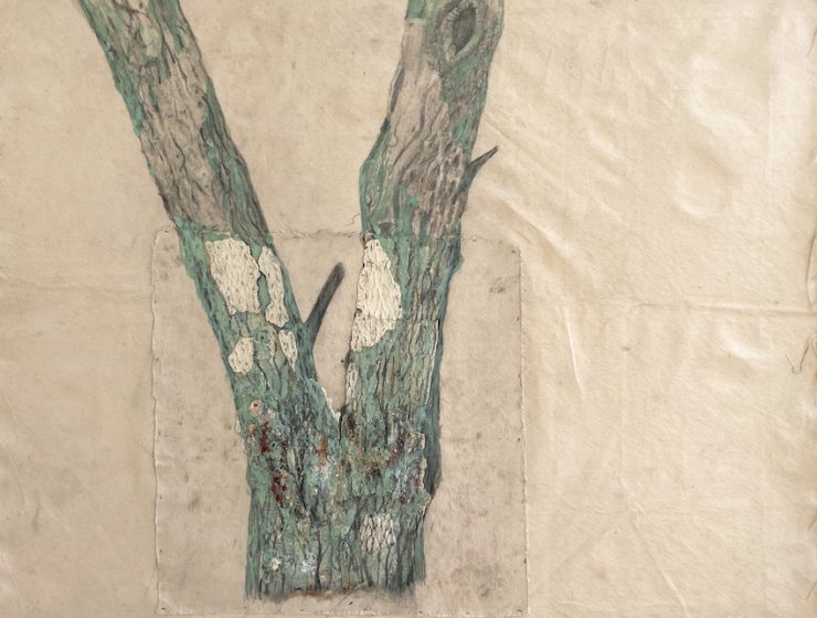 When The Season Returns IV, 2023 Acrylic, wall paint collected from Fayyad Building (post-Beirut Explosion), graphite, threads, hot glue sticks, archival glue and varnish on canvas, 89 x 100cm