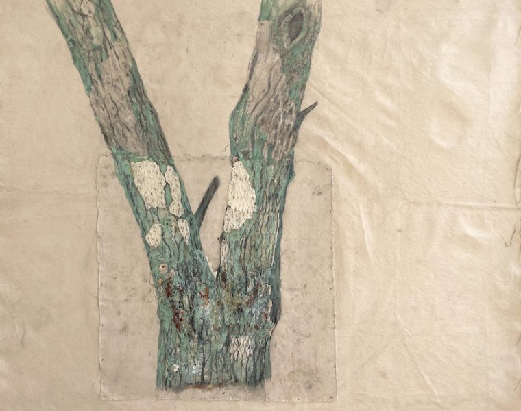 When The Season Returns IV, 2023 Acrylic, wall paint collected from Fayyad Building (post-Beirut Explosion), graphite, threads, hot glue sticks, archival glue and varnish on canvas, 89 x 100cm