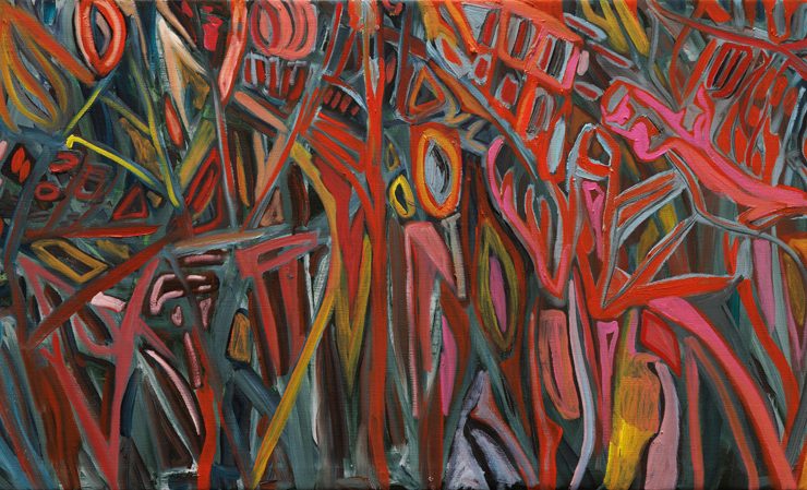 Alia Ahmad, Aspects 5 [مظاهر ٥], 2024, oil on canvas, 50 x 110 cm, Courtesy the artist and Lawrie Shabibi, Photo by Anna Shtraus