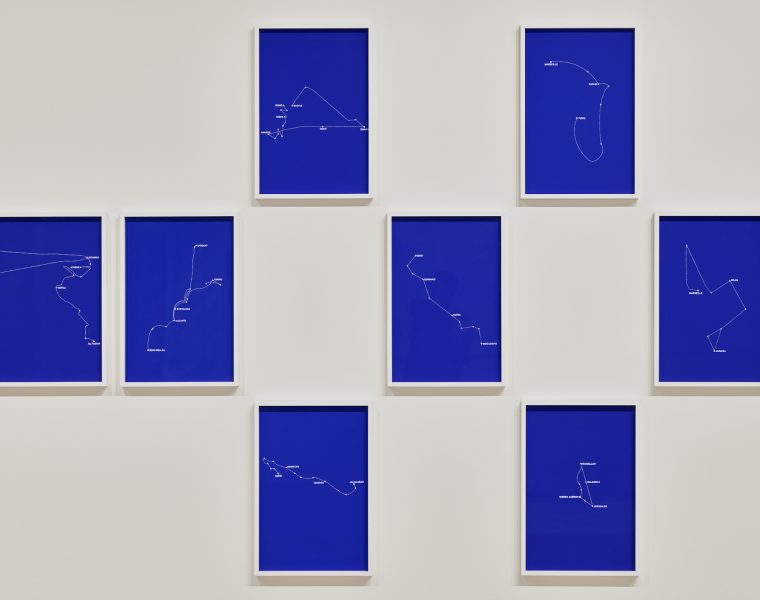 Bouchra Khalili, The Constellations Series, 2011. Installation view: Seeing through Stone, San José Museum of Art, 2024. Courtesy of the artist and SJMA. Photo: Glen Cheriton.