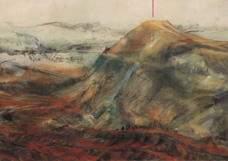 Ghada Zoghbi, The Recreation of Adam, 2025, acrylic and charcoal on canvas, 46.5×83.5cm. Courtesy of Galerie Janine Rubeiz and the artist