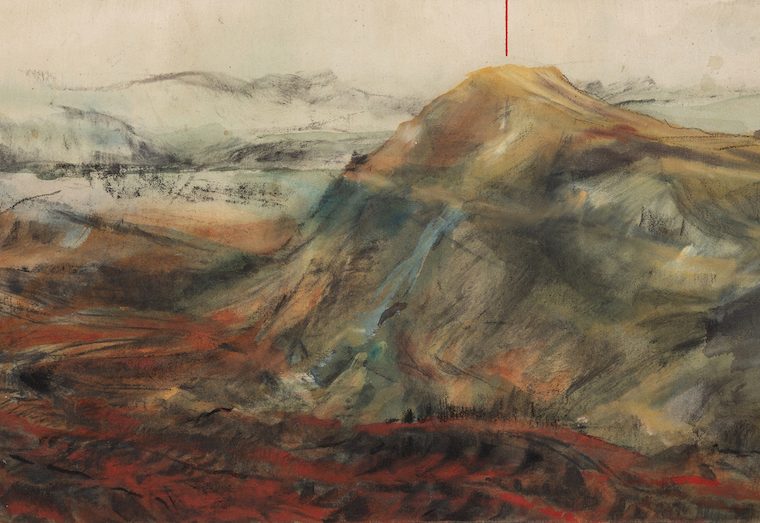 Ghada Zoghbi, The Recreation of Adam, 2025, acrylic and charcoal on canvas, 46.5×83.5cm. Courtesy of Galerie Janine Rubeiz and the artist