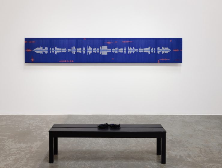 Himali Singh Soin Mountain, pixelated in the water, 2021 Double Ikat in ahimsa silk and organic cotton, Woven in Andhra Pradesh by master artisan Gajam Govardhan 408 x 60 cm Courtesy the Artist and Green Art Gallery, Dubai Photo by Anna Shtraus