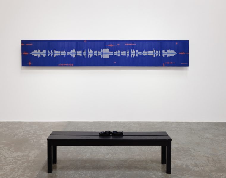 Himali Singh Soin Mountain, pixelated in the water, 2021 Double Ikat in ahimsa silk and organic cotton, Woven in Andhra Pradesh by master artisan Gajam Govardhan 408 x 60 cm Courtesy the Artist and Green Art Gallery, Dubai Photo by Anna Shtraus