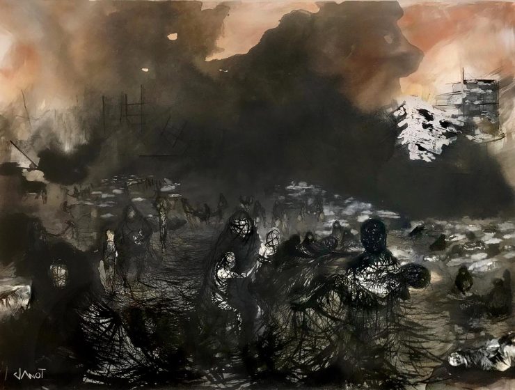 HELL IN GAZA Acrylic and ink on canvas, 130x90 cm, 2023