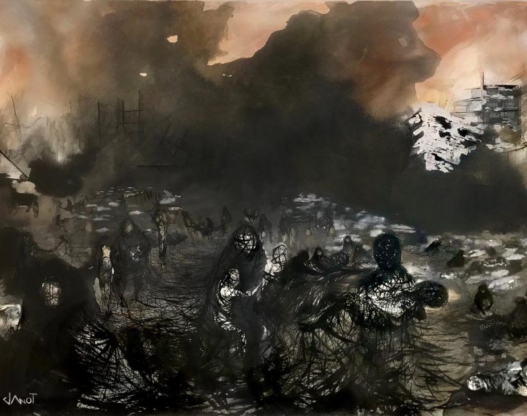 HELL IN GAZA Acrylic and ink on canvas, 130x90 cm, 2023