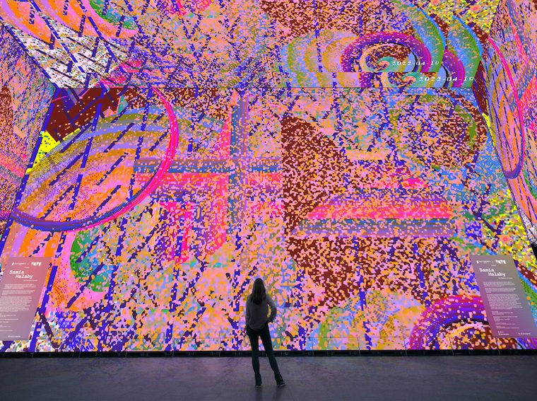 Installation view of Samia Halaby Tottenham Court Road 2024 at Outernet London, 14 November 2024 – 2 February 2025