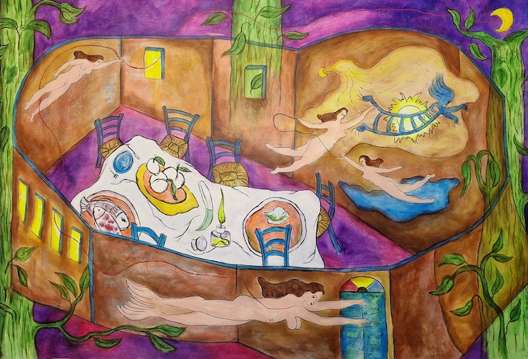 Sara Abou Mrad, L'exil... impossible, 2023. Acrylique sur toile, 124 x 205 cm.