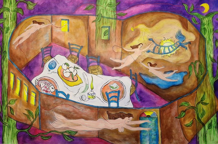 Sara Abou Mrad, L'exil... impossible, 2023. Acrylique sur toile, 124 x 205 cm.