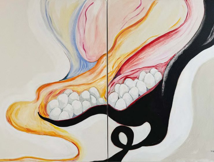 Seta Manoukian, Thread that goes on... (2019), 76 x 122 cm. Acrylic paint on canvas.
