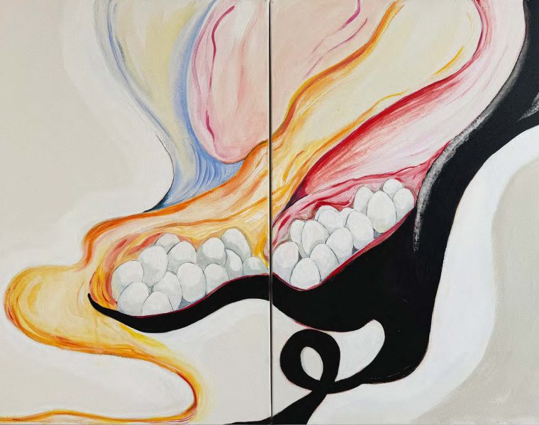 Seta Manoukian, Thread that goes on... (2019), 76 x 122 cm. Acrylic paint on canvas.