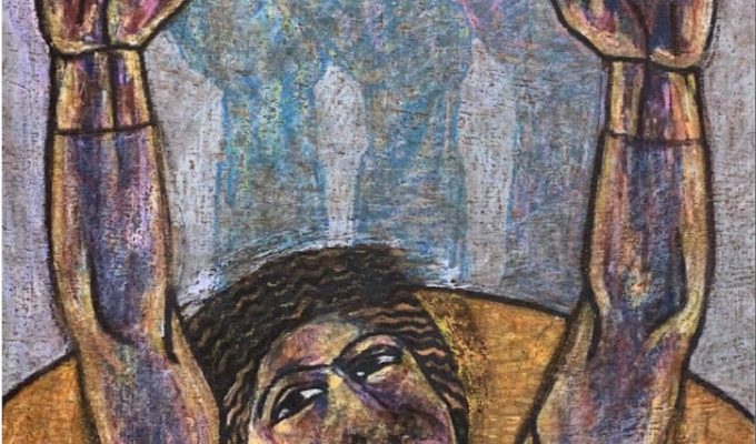 Untitled, 1986 Oil pastel on Wood 93 x 70 cm, Courtesy of Barjeel Art Foundation