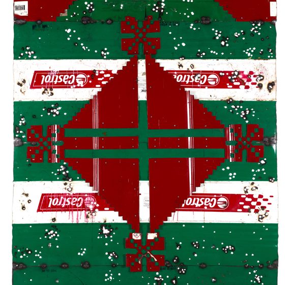 Abdul Rahman Katanani, Amulet, Petroleum barrels, 333x179 cm, 2024