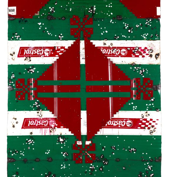 Abdul Rahman Katanani, Amulet, Petroleum barrels, 333x179 cm, 2024