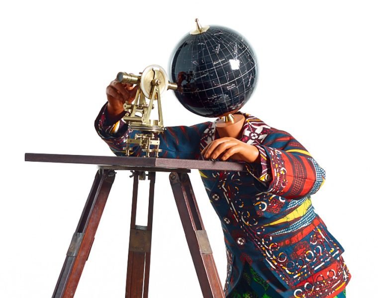 Yinka Shonibare CBE, ‘Planets in my Head, Young Geologist’, 2019. Fibreglass mannequin, Dutch wax printed cotton textile, globe, brass, steel base plate, tripod and theodolite, 120 x 107 x 73 cm