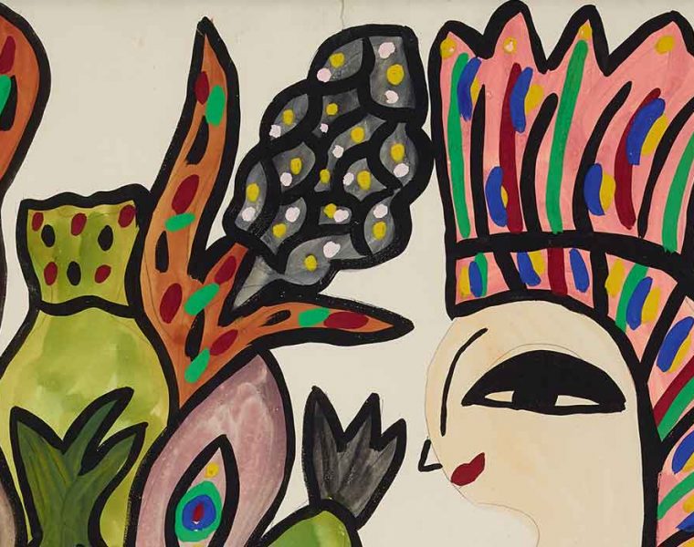 BAYA (1931-1998), Algeria. Femme au vase fleuri bleu, 1986. Watercolour and gouache on paper. Courtesy of Ramzi & Saeda Dalloul Art Foundation. Artwork chosen by the foundation’s director Dr Basel Dalloul