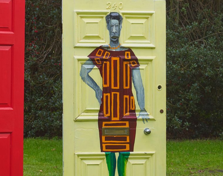 Lubaina Himid, Five Conversations, 2019. Acrylic on found wooden doors.
