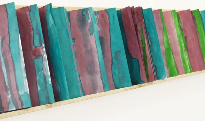 Etel Adnan, Un Jardin / A Garden, 2019. Folded leporello book and watercolor on paper. Cover: 29 x 9.5 cm x 4 cm, 60 pages: 28.7 x 9.2 cm each. Courtesy of the artist and Sfeir-Semler Gallery Beirut/Hamburg