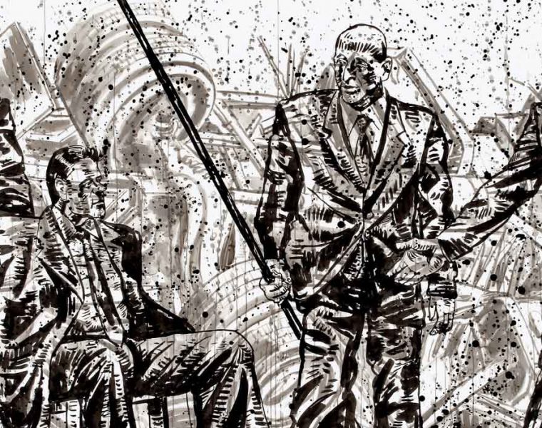 Nicky Nodjoumi (b. 1942), The Accident. Ink on paper, 2013. Funded by Maryam and Edward Eisler.