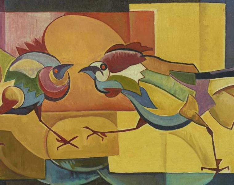 Hafidh Droubi (1914-1991), Iraq. Cock fight / صراع الديكة, 1967 . Oil on canvas, 48.5x96.5 cm. Framed 58.5 x 102.5 x 5 cm. Courtesy of Ramzi & Saeda Dalloul Art Foundation.