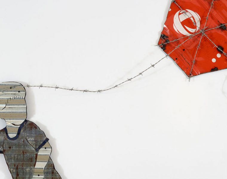 Abdul Rahman Katanani (1983), Palestine. Gaza Kid, 2018. Zinc, barbed wire and metal, 160 x 249 x 17.5 cm. Courtesy of Ramzi & Saeda Dalloul Art Foundation. Artwork chosen by the foundation’s director Dr Basel Dalloul
