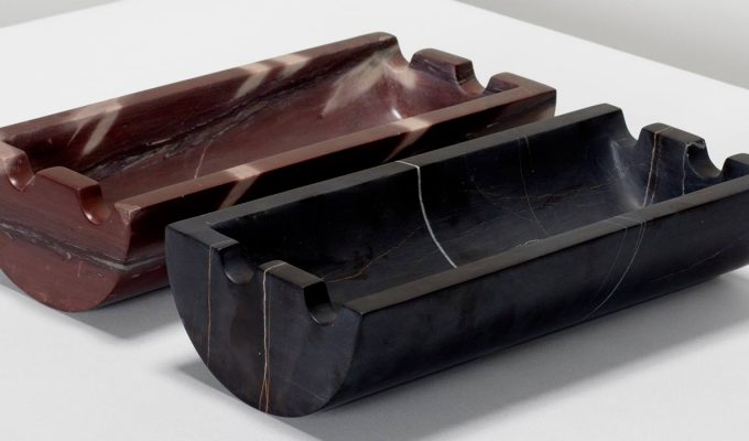 Karen Chekerdjian Studio, Marble Cigar Ashtray, 2019. Tala maron or Nero Oro marble with leather finish, 25 x 9 x 4.5 cm